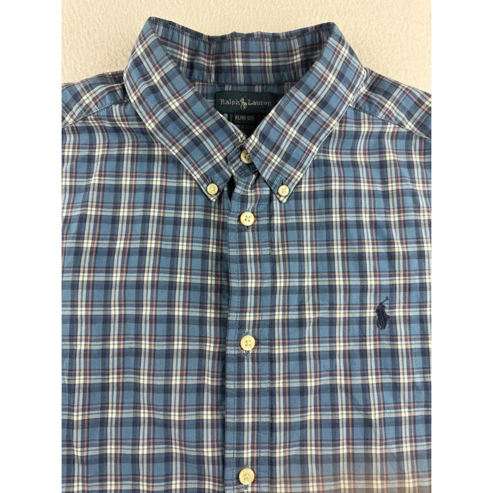 Ralph Lauren Boys XL 18-20 Short Sleeve Button Down Shirt Blue Plaid Cotton